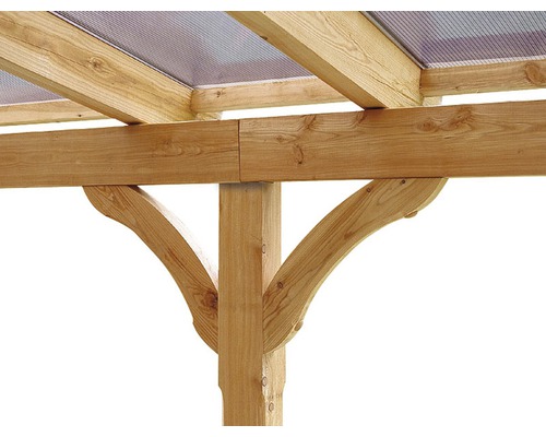 Detail van een houten pergola met transparant dak