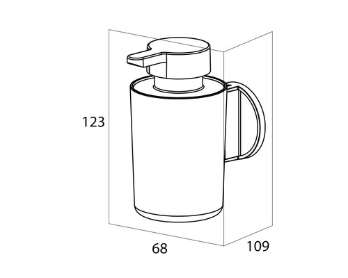 Technische tekening van een zeepdispenser met maatvoering