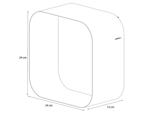 Schets van een vierkante wandplank met afgeronde hoeken en maatvoering