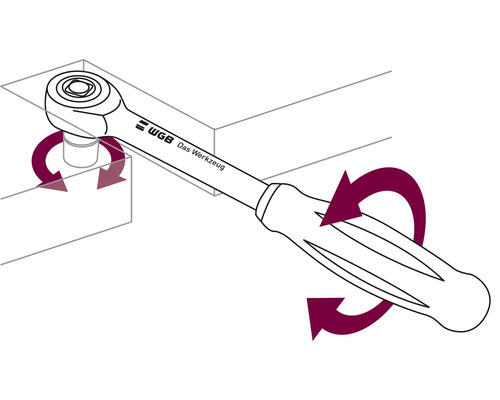 Illustratie van een ratel in actie met WGB Das Werkzeug Logo.