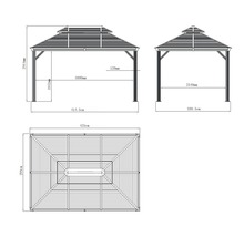 Technische tekening van een tuinpaviljoen met afmetingen.