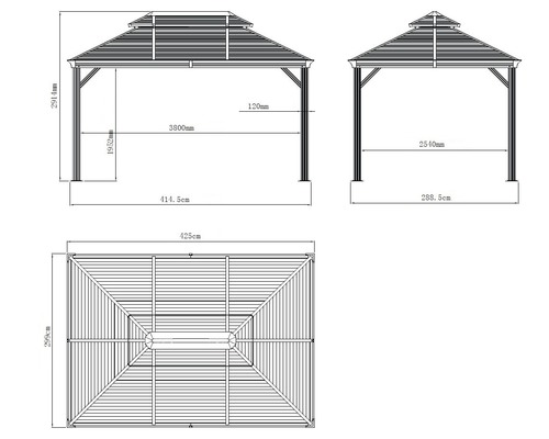 Technische tekening van een tuinpaviljoen met afmetingen.