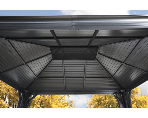 Zicht op het dak van een tuinpaviljoen