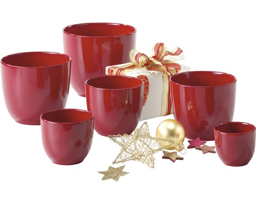 Groep rode bloempotten met cadeau en kerstversiering