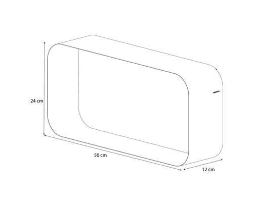 Technische tekening van een rechthoekige wandplank met afgeronde hoeken en afmetingen