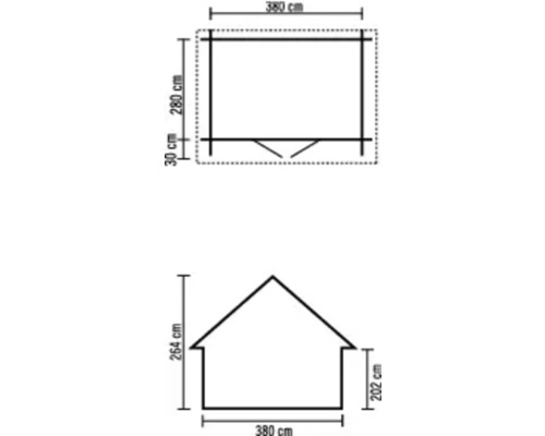Plattegrond en gevel van een tuinhuis met maatvoering