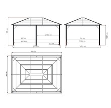 Technische tekening van een tuinpaviljoen met afmetingen