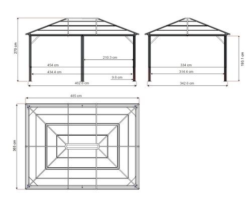 Technische tekening van een tuinpaviljoen met afmetingen