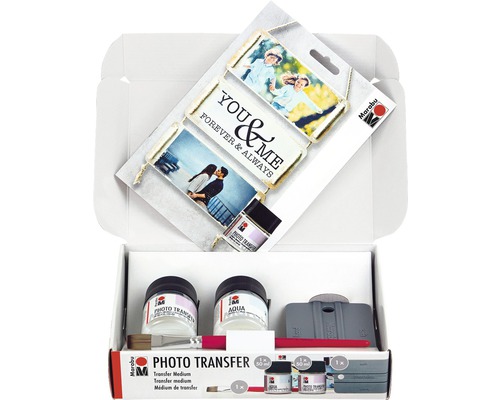 Marabu Photo Transfer Set in geopende verpakking met transfermedium, aqualak, penseel en rakel