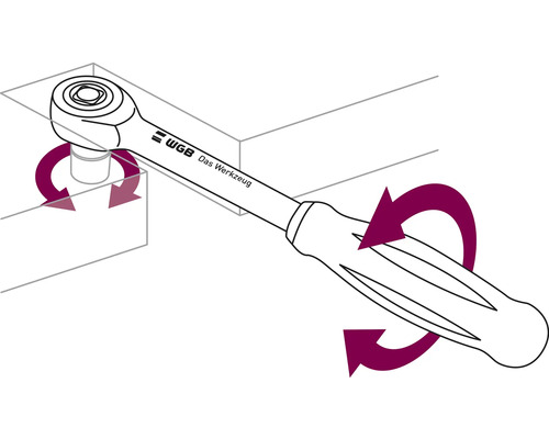 Illustratie van een ratel in gebruik met een draaiende beweging