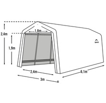 Technische tekening van een ShelterLogic opslagtent met afmetingen