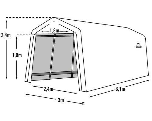 Technische tekening van een ShelterLogic opslagtent met afmetingen