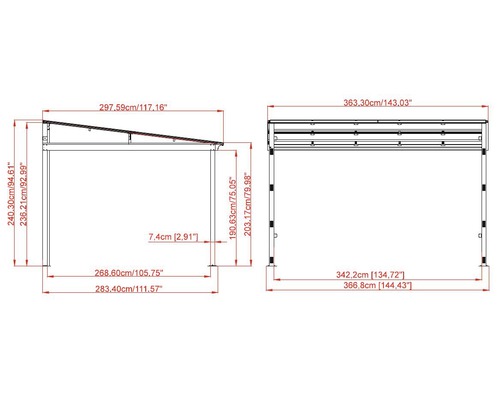 Technische tekening van een paviljoen met afmetingen in centimeters