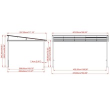 Technische tekening van een paviljoen met afmetingen