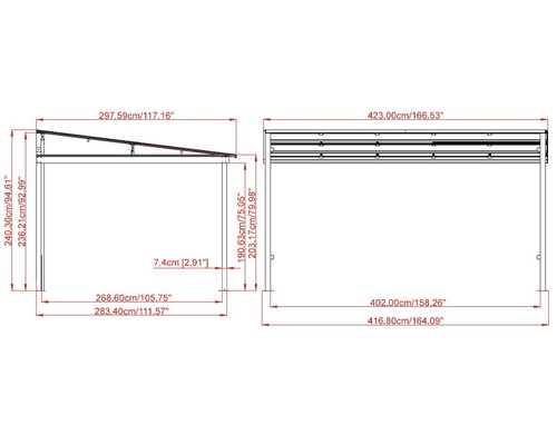 Technische tekening van een paviljoen met afmetingen