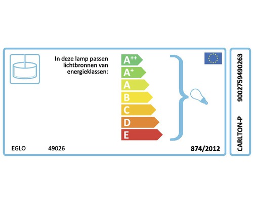 EGLO energielabel voor lampen, dat de energie-efficiëntieklassen van A++ tot E aangeeft