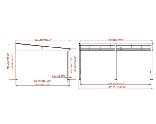 Technische tekening van een tuinpaviljoen met afmetingen
