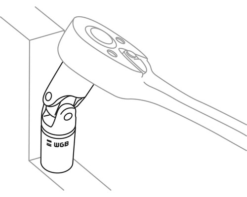 Afbeelding van een ratel met een scharnier tussen de dop en het handvat