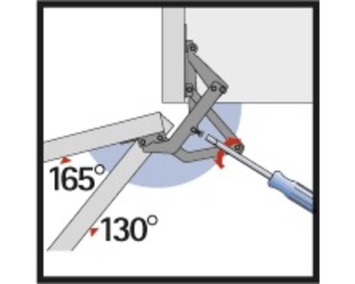 Illustratie van een klepbeslag met schroevendraaier voor het aanpassen van de openingshoek