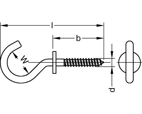 Technische tekening van een haak met schroef en afmetingen