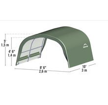 Afmetingen van een ShelterLogic overkapping: 1,5 meter hoog, 2,6 meter breed en 3 meter diep