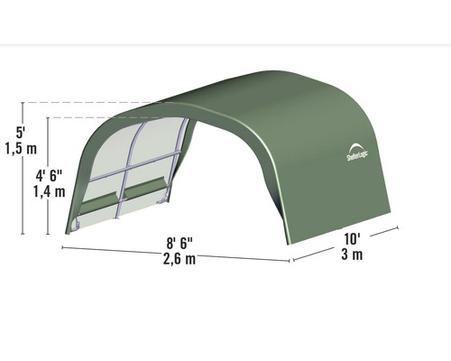Afmetingen van een ShelterLogic overkapping: 1,5 meter hoog, 2,6 meter breed en 3 meter diep