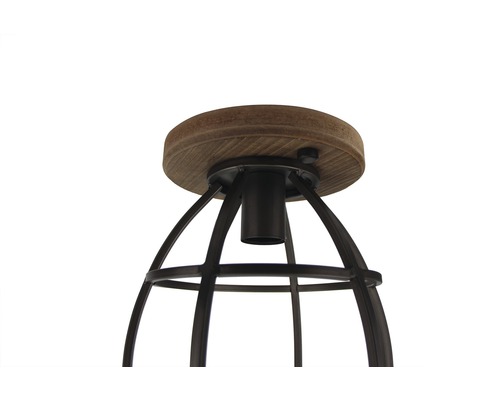 Plafondlamp met houten element en metalen kooi