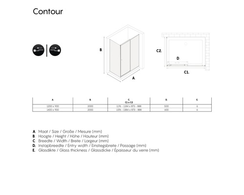 Technische tekening van een douchecabine met afmetingen