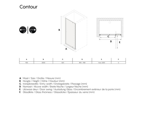 Technische tekening van een douchecabine met afmetingen