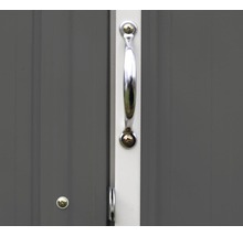 Detail van een tuinhuisdeur met handgreep en sluiting