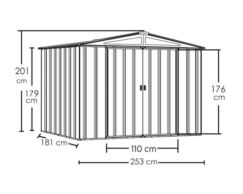 Afmetingen van een tuinhuis: hoogte 201 cm, breedte 253 cm, diepte 181 cm