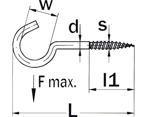 Technische tekening van een schroefhaak met afmetingen.