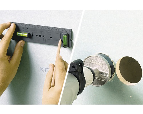 Persoon gebruikt een waterpas en potlood op een wand en gebruikt een gatenzaag voor een gat