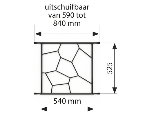 Schets van een uitschuifbaar privacyscherm met maatvoering