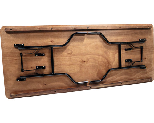 Onderkant van een houten tafel met zwart metalen frame