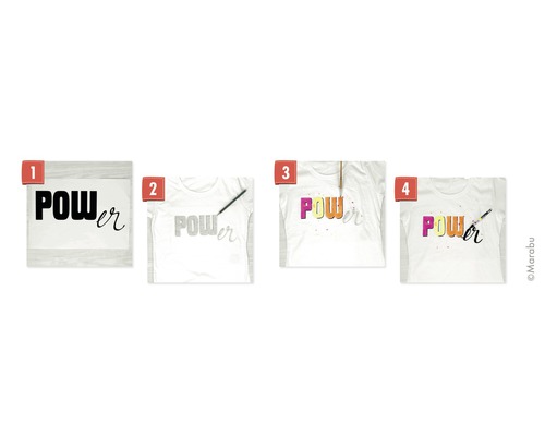 Illustratie van vier stappen voor het ontwerpen van een T-shirt met het woord Power