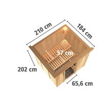 Afmetingen van een houten sauna: 210 cm breed, 184 cm diep, 202 cm hoog en 65,6 cm deurbreedte