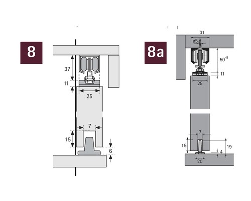 Technische tekening van een schuifdeurmechanisme met maatvoering