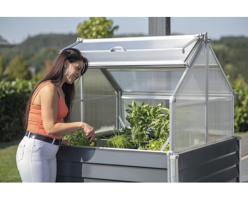 Verhoogde tuinbak met broeikasopzetstuk en vrouw die in de tuin werkt