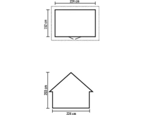 Afmetingen van het tuinhuis: 224 centimeter breed, 152 centimeter diep, 203 centimeter hoog