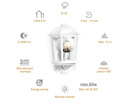 Witte buitenlamp met bewegingsmelder en technische gegevens zoals bereik, vermogen en beschermingsklasse