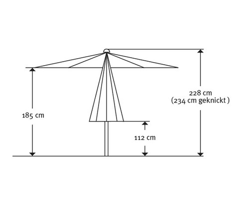 Technische tekening van een parasol met afmetingen
