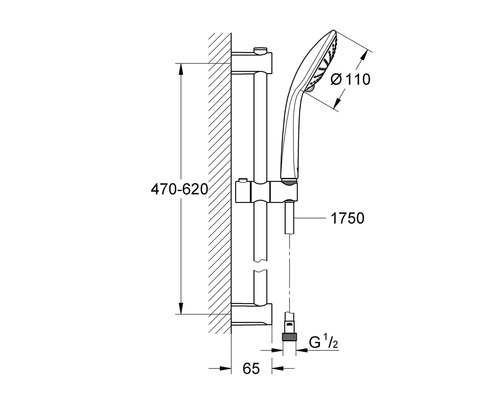 Technische tekening van een douchestang met handdouche en maatvoering