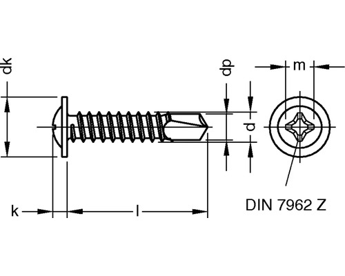 Technische tekening van een schroef volgens DIN 7962 Z met maatgegevens