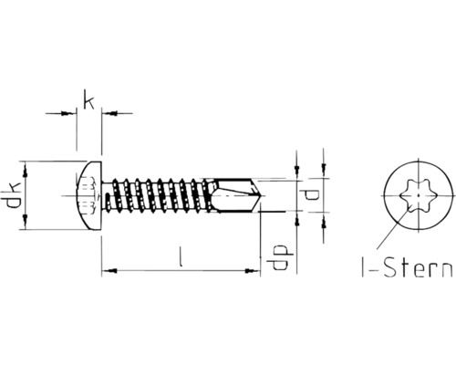 Technische tekening van een lenskopschroef met interne sternaandrijving