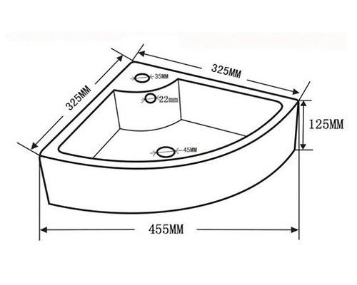 Technische tekening van een hoekbad met afmetingen