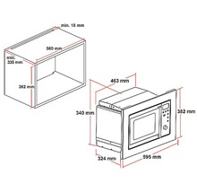 Afmetingen van een magnetron en een keukenkast als lijntekening