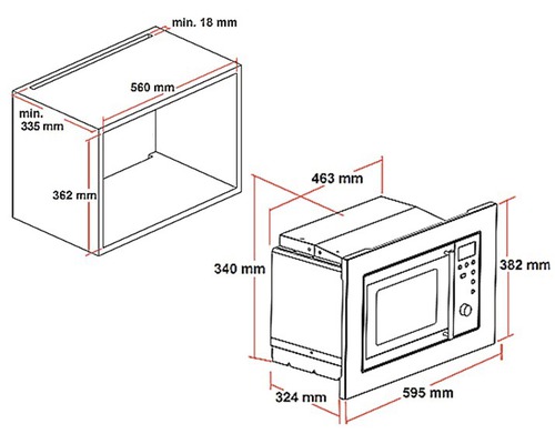 Afmetingen van een magnetron en een keukenkast als lijntekening