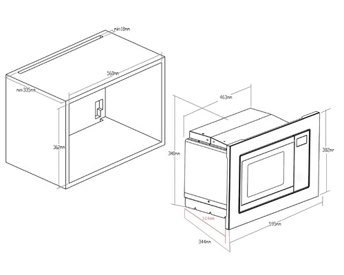 Inbouwframe met magnetronafmetingen als schematische tekening