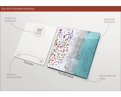 Glazen schilderij met strandmotief, inclusief ophangsysteem en afstandhouders